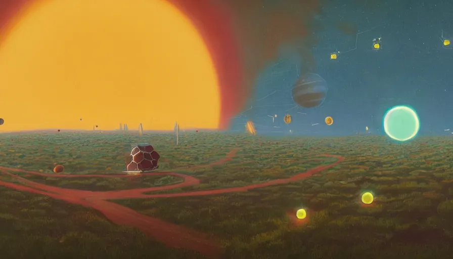 Image similar to hexagons traveling the sun in space, planet earth in foreground, simon stalenhag