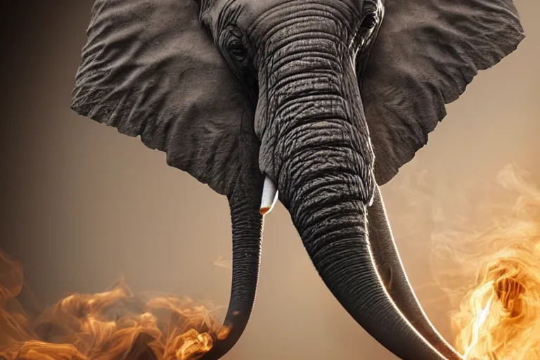 Image similar to ultra realistic photography, picture of ( subject : an elephant blowing smoke ). the scene is set in a gentlemens cigar lounge, a very smokey atmosphere, small thick clouds of cigar smoke, artstation, focus on the elephant, anatomically correct elephant features, extremely detailed and crisply sharp photo, hyperrealistic smoke, figma, sigma, 4 k