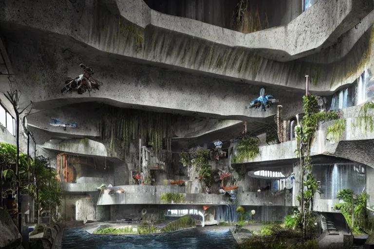 Image similar to favela bunker spaceship disco hive, brutalist waterfall environment, industrial factory, whimsical, award winning art, epic dreamlike fantasy landscape, ultra realistic,