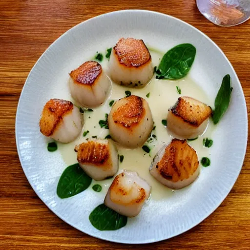 Prompt: scallops on a plate surrounded by a garnish of dead fish, on a table
