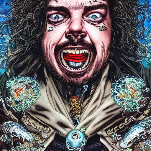 Prompt: portrait closeup of crazy post malone as vampire, symmetrical, by yoichi hatakenaka, masamune shirow, josan gonzales and dan mumford, ayami kojima, takato yamamoto, barclay shaw, karol bak, yukito kishiro