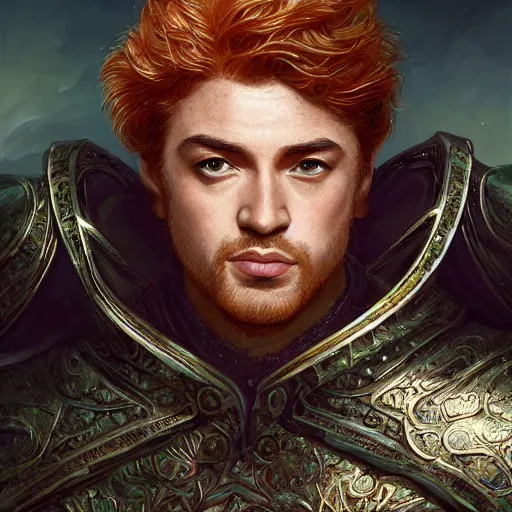 Image similar to renaissance green eyed ginger middle aged prince, riccardo scamarcio, art by artgerm and greg rutkowski and magali villeneuve, intricate renaissance armor, portrait, highly detailed, digital painting, trending on artstation, concept art, sharp focus, illustration