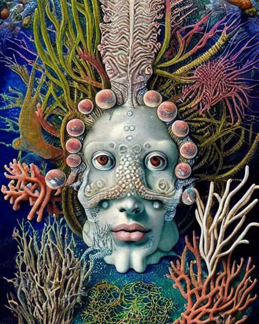 Image similar to hyperrealistic detailed underwater face portrait of the beautiful god of the fish with an intricate headgear of corals, sea kelp, sea plants, fish, starfish, jellyfish, art by ernst haeckel, hieronymus bosch, james jean, gothic, neo - gothic, ornamental, beautiful deep colours,