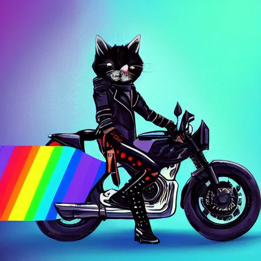 Image similar to wide angle full body, jacket wearing fluffy cute rainbow kitten wearing a black leather motorcycle jacket, cinematic concept art