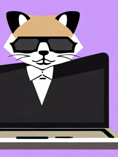 Prompt: beautiful furry art of ferret in a formal suit with laptop, high quality, extremely detailed, black glasses, minimalism