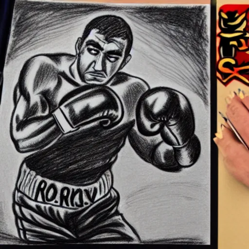 Prompt: professional drawing in the style of kentaro miura of boxing world champion rocky marciano punching