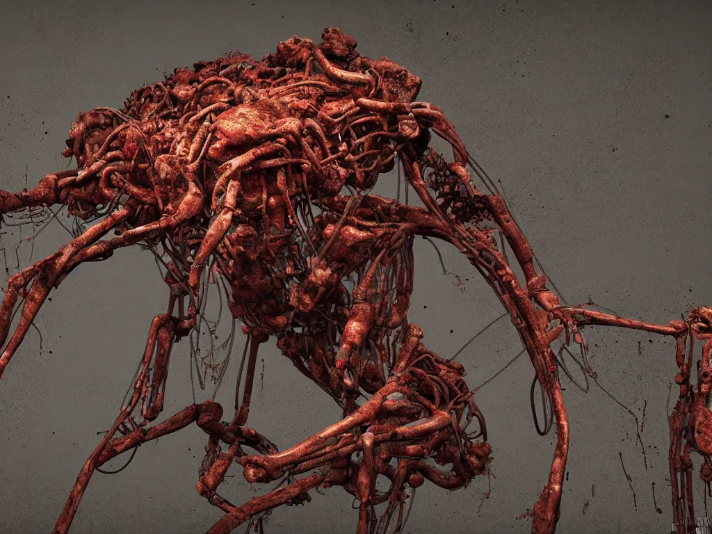 Image similar to Techno-biological rusty T-55 consisting of tumors, meat, veins, bones, guts, kidneys, wires. Biopunk, body-horror, high detail, photorealism, full length view, very rust, concept art, octane render, 16k, 8k