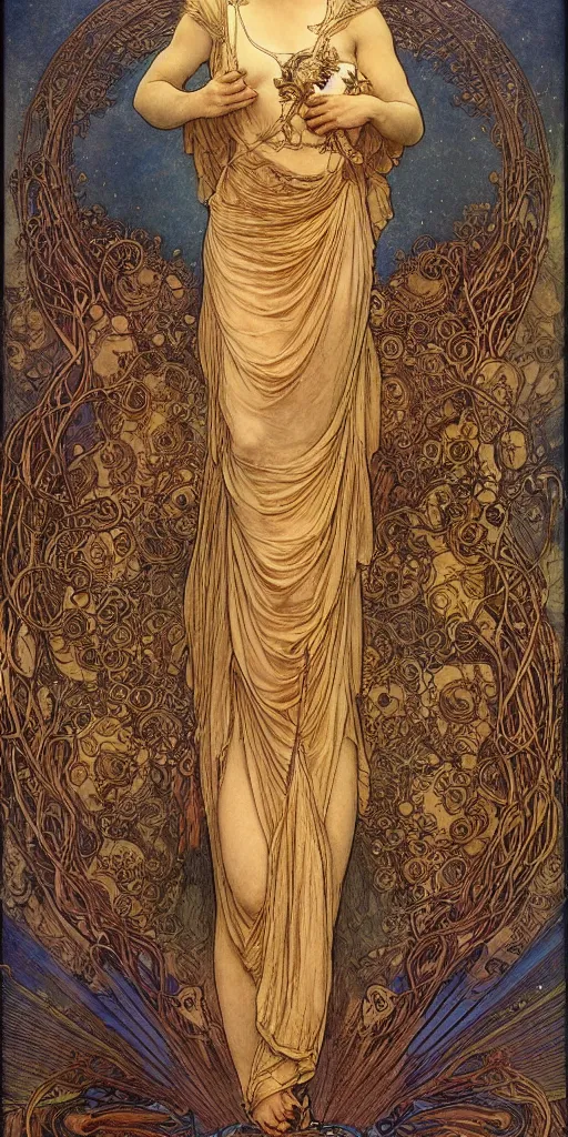 Image similar to saint woman, venus, athena, queen, by alphons mucha and annie swynnerton and jean delville, strong dramatic cinematic lighting, ornate headdress, flowing robes, spines, flowers, stars, lost civilizations, smooth, sharp focus, extremely detailed, blue marble, obsidian, gold, space