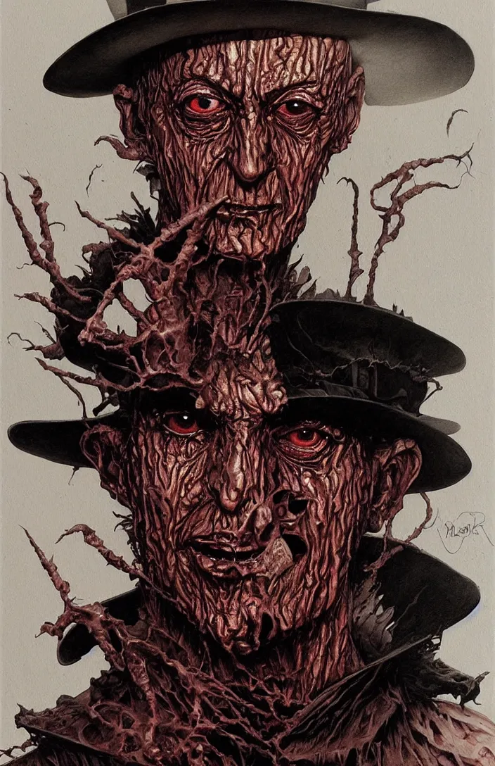 Image similar to freddy krueger in the style of wayne barlowe, gustav moreau, goward, bussiere, roberto ferri, santiago caruso, luis ricardo falero, dali