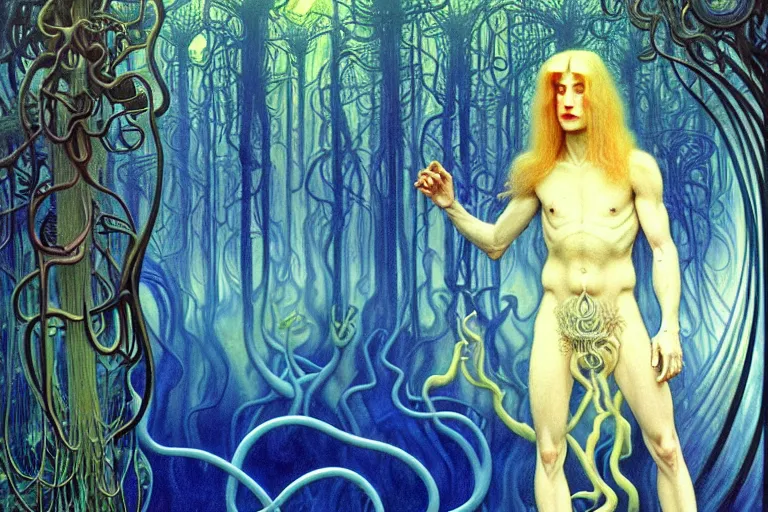 Image similar to realistic detailed portrait painting of a beautiful ghost man with blond hair with an alien, futuristic sci-fi forest on background by Jean Delville, Amano, Yves Tanguy, Alphonse Mucha, Ernst Haeckel, Edward Robert Hughes, Roger Dean, rich moody colours, blue eyes