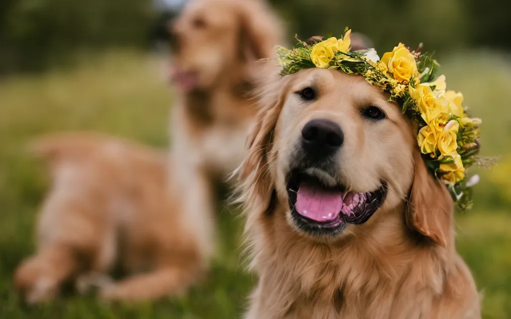 Prompt: A golden retriever, wearing a flower crown. 4K HD Wallpaper. Premium Prints Available