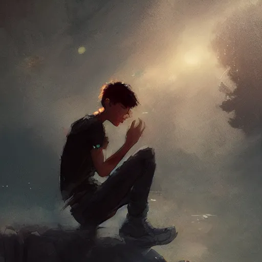 Image similar to a young teenager boy crying because he is in love, cinematic lighting, dramatic atmosphere, by dustin nguyen, akihiko yoshida, greg tocchini, greg rutkowski, cliff chiang, 4 k resolution, trending on artstation