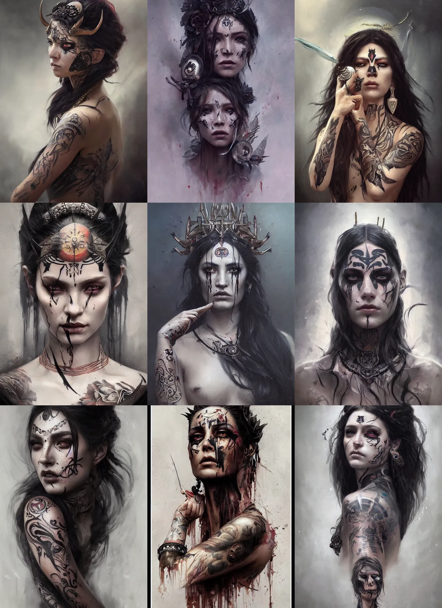 Prompt: hyper realistic portrait painting, beautifully rendered, gorgeous young goddess of death with ceremonial markings and ritualistic tattoos painted by greg rutkowski, wlop, artgerm, dishonored 2, dark and moody, black smoke
