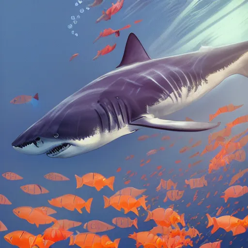 Image similar to great white shark with orange and white striped traffic cones instead of fins, underwater background detailed atmospheric - ron cheng & alphonse mucha, highly detailed, digital painting, ray tracing, concept art, illustration, smooth sharp focus, intricate, symmetry, artstation,