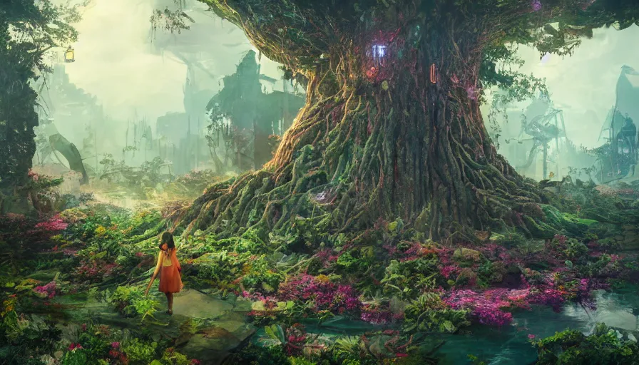 Image similar to ben lo illustration of the largest tree in the world inside rapture, bioshock concept art, solarpunk, hopeful, colorful, flowers, deity, unreal engine, hyper realism, realistic shading, cinematic composition, realistic render, octane render, detailed textures, photorealistic, wide shot