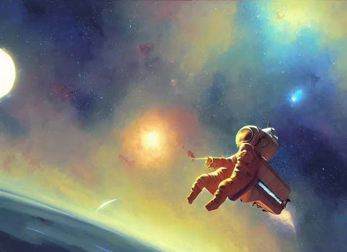 Image similar to craig mullins and ghibli digital illustration of an astronaut floating in the middle of the cosmos playing the oud!!! improvisation, full body!!!, strong contrast, earth, galaxies, ethereal, inviting, bright, unreal engine, hyper realism, realistic shading, cinematic composition, wide shot