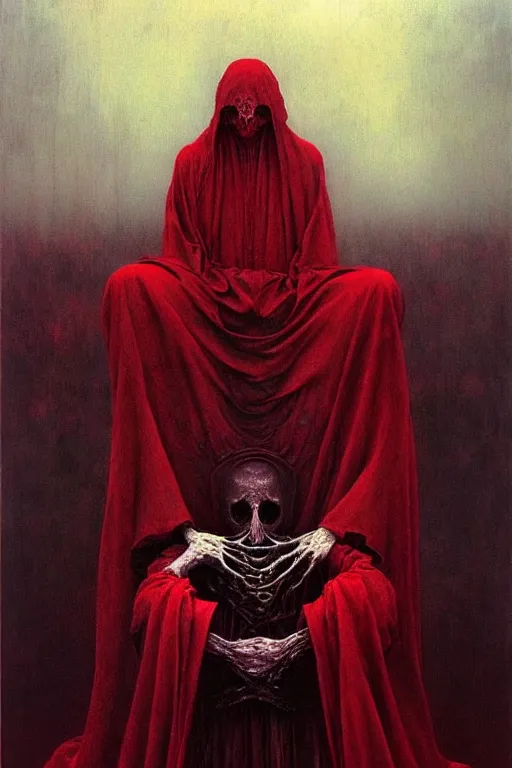 Image similar to a priest with no face, wearing red robes, ##sitting on a throne made of bones##, gothic horror, surrealism Amano, Karol Bak, Beksinski painting, part by Adrian Ghenie and Gerhard Richter, part by Takato Yamamoto. 8k masterpiece