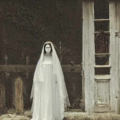 Image similar to picture of ghostly bride in front of an old wooden white church, 1 9 th century southern gothic scene, made by chausheva, katia