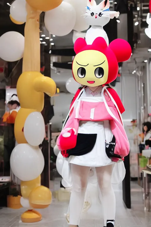 Image similar to 35mm of a very cute, minimal, adorable and creative Japanese mascot character costume, full body and head view, very magical and dreamy, designed by Gucci,kawaii, magical details