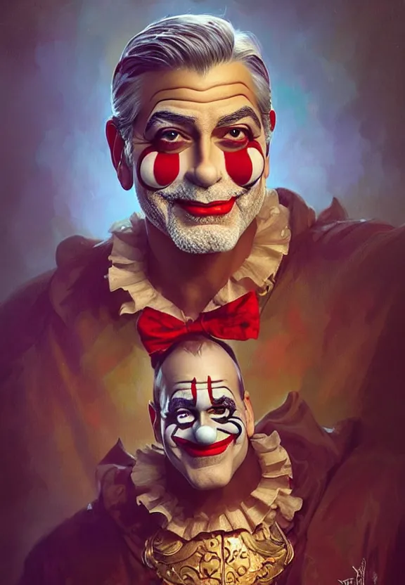 Image similar to yee yee a portrait of george clooney as a clown, fantasy, intricate, elegant, highly detailed, traditional painting, acrylic painting, artstation, concept art, matte, sharp focus, illustration, hearthstone, art by artgerm and greg rutkowski and alphonse mucha and alex ross