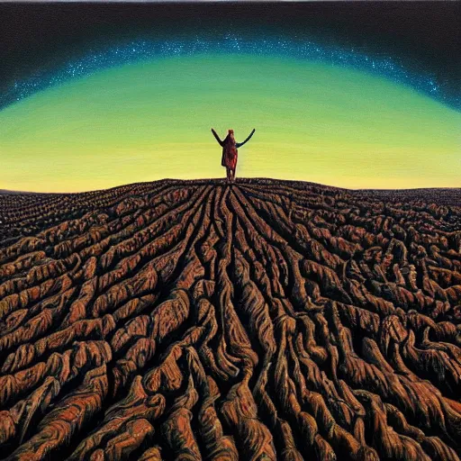 Prompt: a painting of a group of people standing on top of a hill, a surrealist painting by jeffrey smith, trending on artstation, psychedelic art, apocalypse landscape, dystopian art, apocalypse art