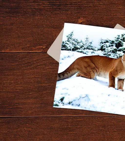 Image similar to postcard showing 'a cougar sleeping in the middle of snowy pine tree' laying on coffee table and ripped up, zoomed out shot, HD, iphone capture