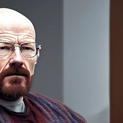 Image similar to walter white with a rough beard, wearing an oxygen mask, sitting in a wheelchair in a courtroom.