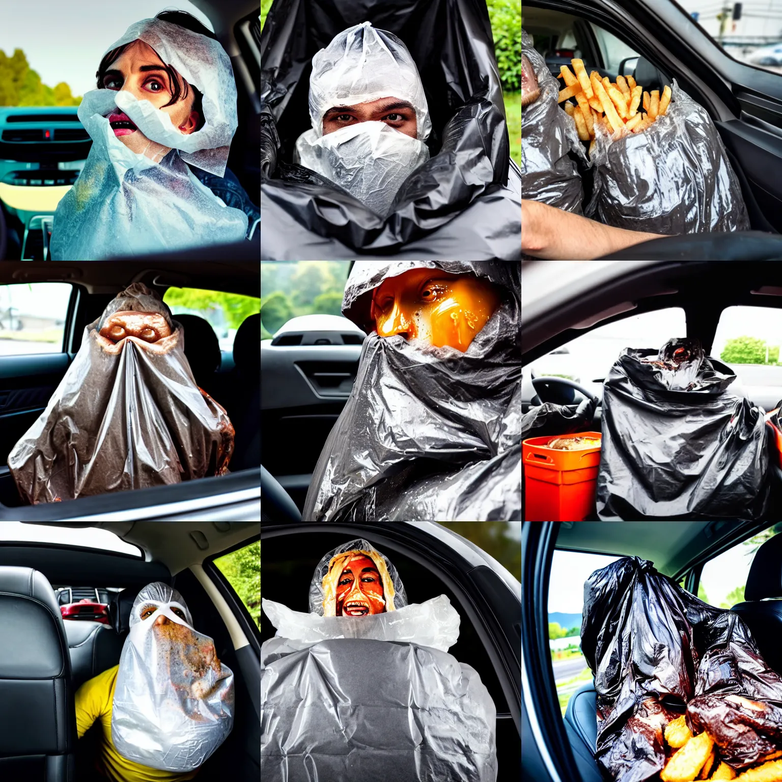 Prompt: steaming torn garbage bag with human face oozing liquid inside car, fast food review, wide angle, specular highlights, fetid