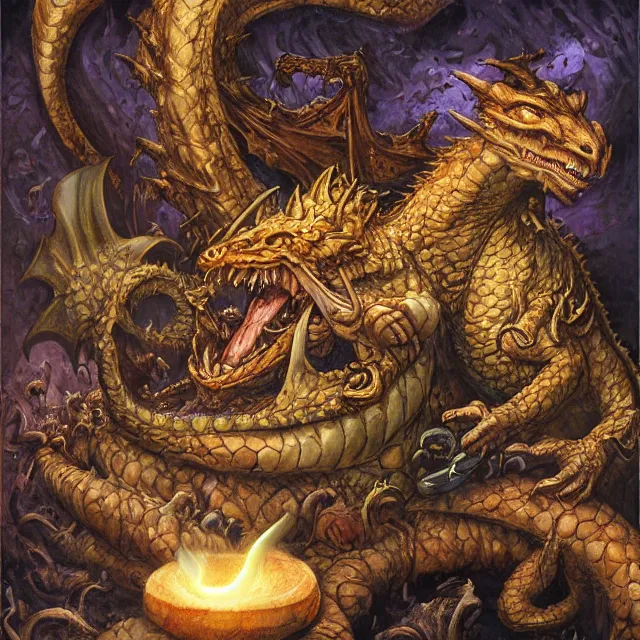 Image similar to artwork by Justin Gerard and Jeff Easley showing a dragon sitting on a volkano smoking his pipe