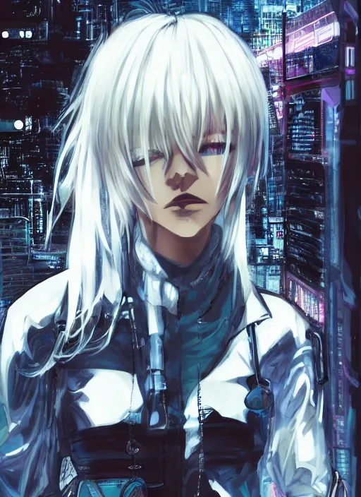 Prompt: manga cover, white-haired girl with bangs, intricate cyberpunk city, emotional lighting, character illustration by tatsuki fujimoto