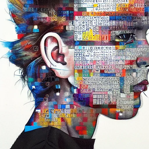 Image similar to beautiful woman seen in profile, haloed by an explosion of microsoft excel chart lines and graphs, white background, sandra chevrier, rik oostenbroek