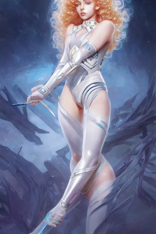 Image similar to genetically augmented super soldier Sailor Moon as a male, pale skin curly blond hair, fantasy, intricate, elegant, highly detailed, digital painting, artstation, concept art, matte, sharp focus, illustration, art by Artgerm and Greg Rutkowski and Alphonse Mucha