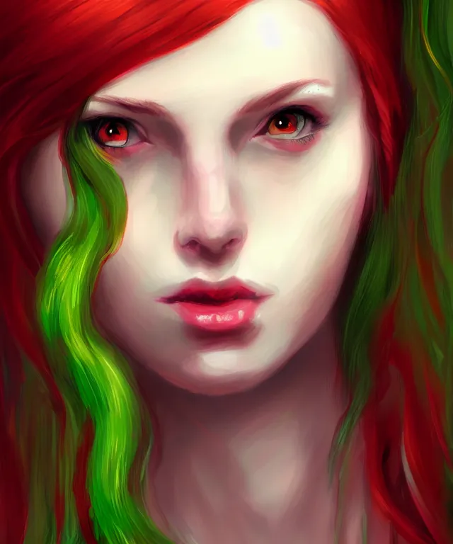 Image similar to Fae teenage girl, portrait, face, long red hair, green highlights, fantasy, intricate, elegant, highly detailed, digital painting, concept art, smooth