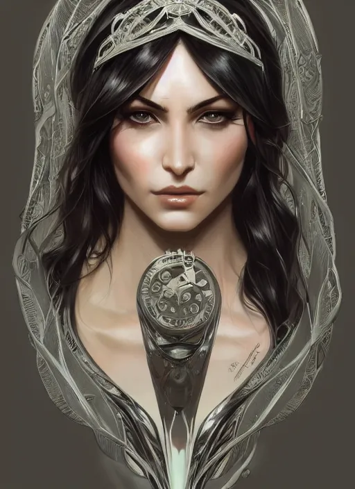 Image similar to symmetry!! nico robin, machine parts embedded into face, intricate, elegant, highly detailed, digital painting, artstation, concept art, smooth, sharp focus, illustration, art by artgerm and greg rutkowski and alphonse mucha, 8 k