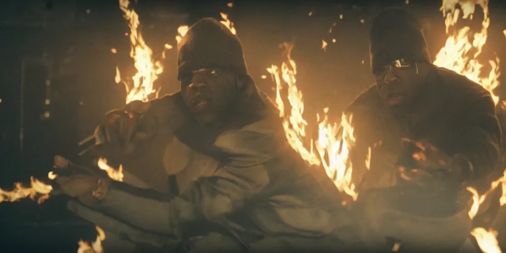 Prompt: a film still of cash money on fire while piling up in a vault, shallow depth of field, cinematic, award winning cgi, vfx, film still