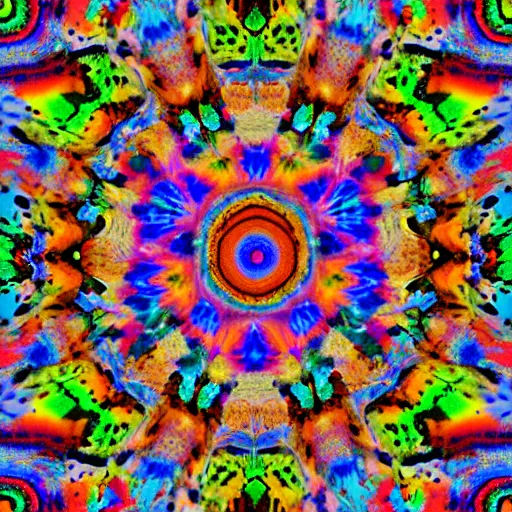 Image similar to colorful 3 d autostereogram illusion puzzle with psychedelic mushrooms dancing among a tie dye desert of peyote