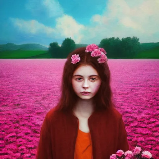 Image similar to head made of carnations flower, full body, girl standing in a flower field, surreal photography, sunrise dramatic light, impressionist painting, colorful clouds, digital painting, artstation, simon stalenhag, flower face