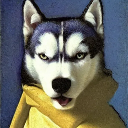 Prompt: A husky dog with a pearl earring by Johannes Vermeer