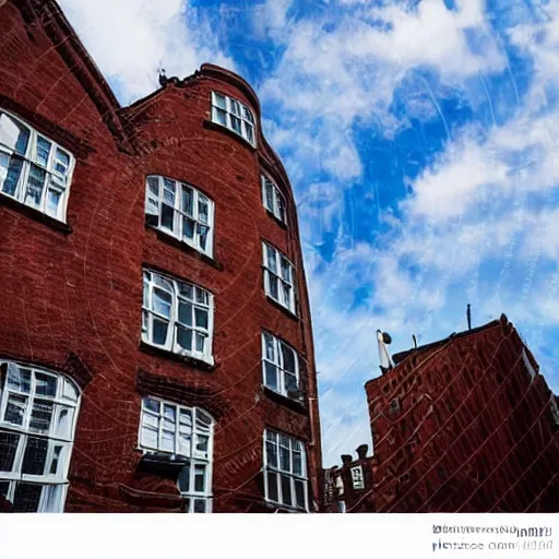 Prompt: brick skyscraper in east london sky beautiful day clouds double decker buses london cab