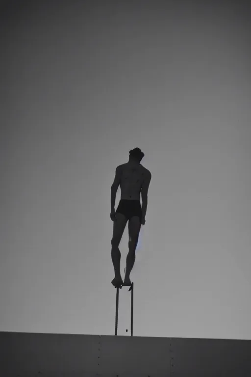 Image similar to gavin casalegno standing on the diving board, 3 5 mm, highly detailed, cinematic lighting