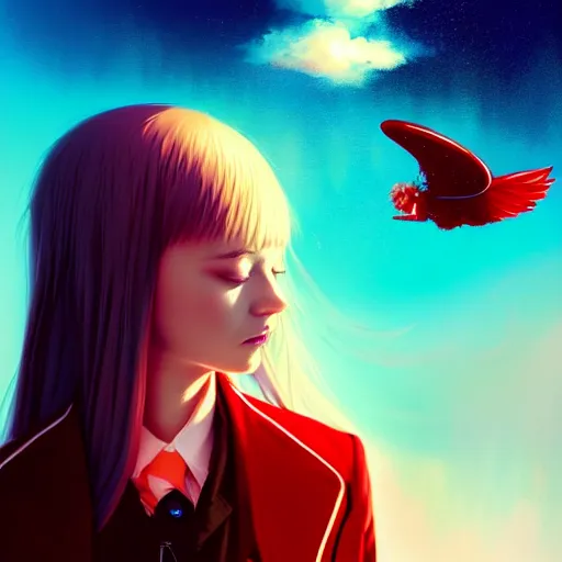 Image similar to giant droplets of water floating around girl, flying with wings, sky blue straight hair, bangs, with amber eyes, red tailcoat, high collar, ultra fine detail, dark theme, digital painting, psychedelic, film still, cinematic, wlop, ilya kuvshinov, ross tran