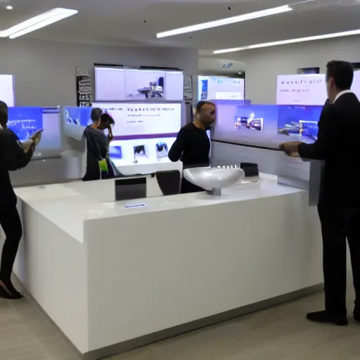 Prompt: futuristic sales center for real estate with touchscreens and people using it