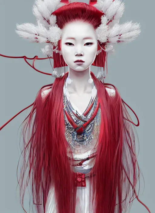 Image similar to albino maiko with very long fantasy hair, fluent composition, red and white neon, concept art, ambient light, 4 k, intricate details, highly professionally detailed, cgsociety, highly detailed -