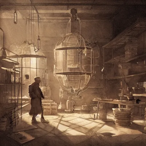 Image similar to A hightly detailed sepia watercolor painting of an alchemy lab, by greg rutkowski, trending on artstation