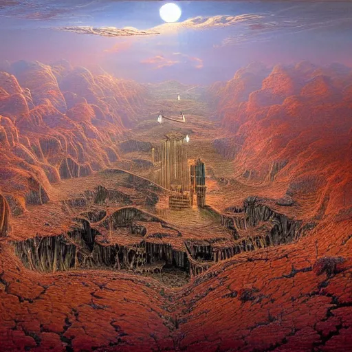 Prompt: a hybrid of the mandelbox and a barren hellscape populated by demons, illustrated by thomas kincade and wayne douglas barlowe, hyperrealism