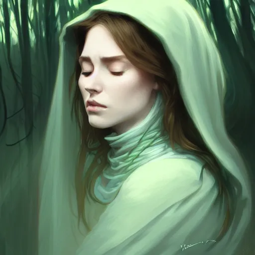 Image similar to wide angle, cloaked woman, white green brown blue color palette, eyes closed, forest, female, d & d, fantasy, intricate, elegant, highly detailed, long red hair, digital painting, artstation, octane render, concept art, matte, sharp focus, illustration, hearthstone, art by artgerm, alphonse mucha johannes voss