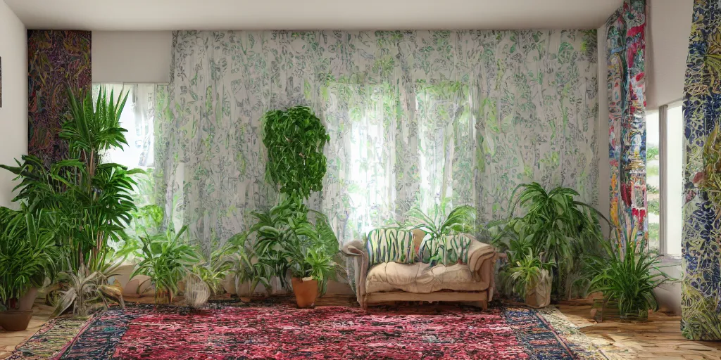 Image similar to 1 9 6 9 living in an older house, hippie pad, hippie chic, antiques, tropical houseplants, beaded curtains, posters on the walls, persian rugs, artstation, v - ray render, 8 k