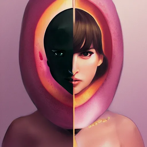 Prompt: vogue magazine, elle magazine, anime korean natalie portman inside a large fruit half peach, ilya kuvshinov, greg rutkowski, john singer sargent, anime, trending on artstation, intricate