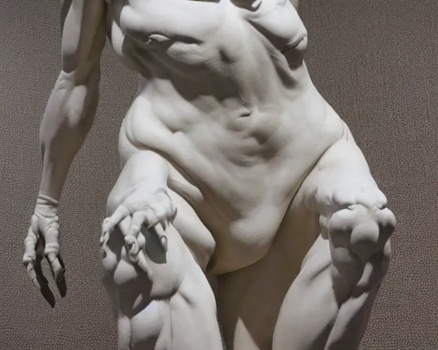 Image similar to extremely symmetrical full length character, velociraptor with the body of a beautiful woman, sculpted by gian lorenzo bernini