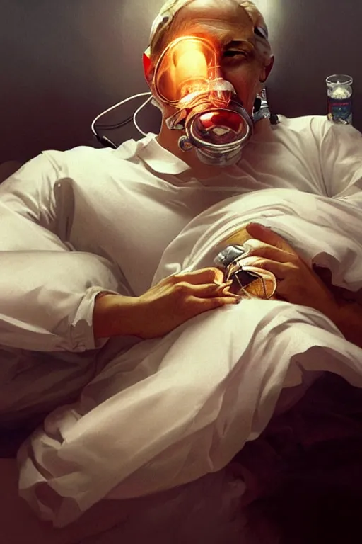 Prompt: Putin sleeps with oxygen mask on a death bed, intricate, portrait, miserable, highly detailed, digital painting, artstation, concept art, smooth, sharp focus, illustration, cinematic lighting, art by artgerm and greg rutkowski and alphonse mucha